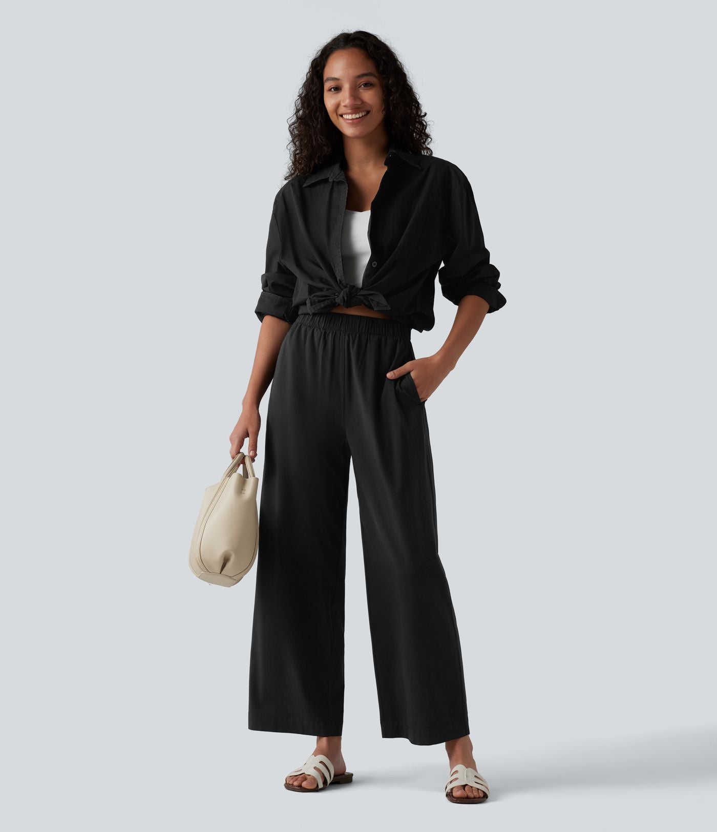 Pantalon casual 7/8 aspect lin stretch coupe droite taille haute avec poches
