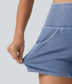 Short en jean rayé taille haute Halara Flex™ avec ourlet arrondi et poches
