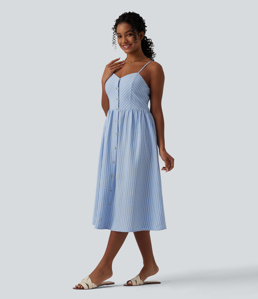 Robe midi bretelles à rayures froncée avec poches