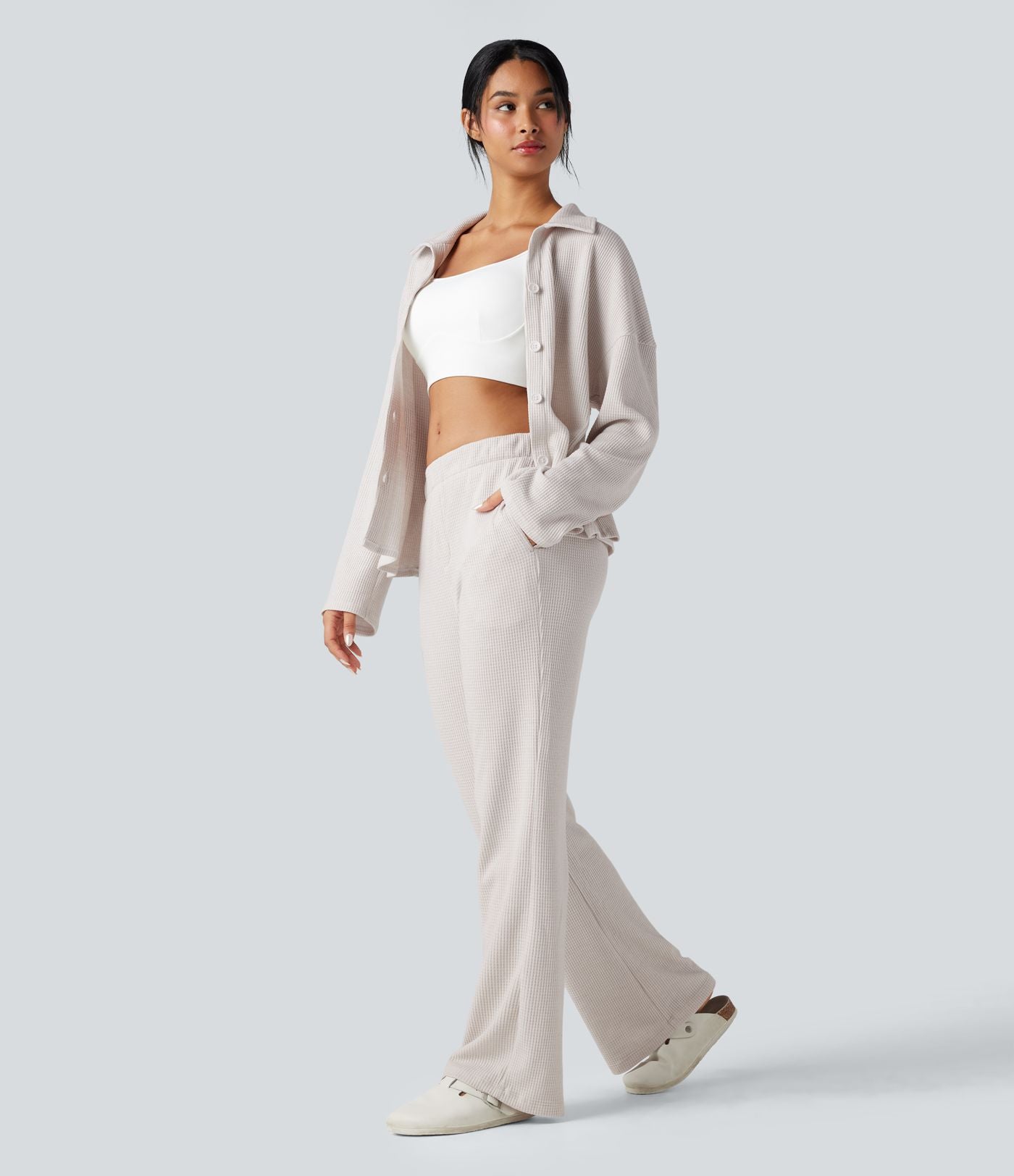 Top détente gaufré col tailleur manches longues boutonnage décontracté