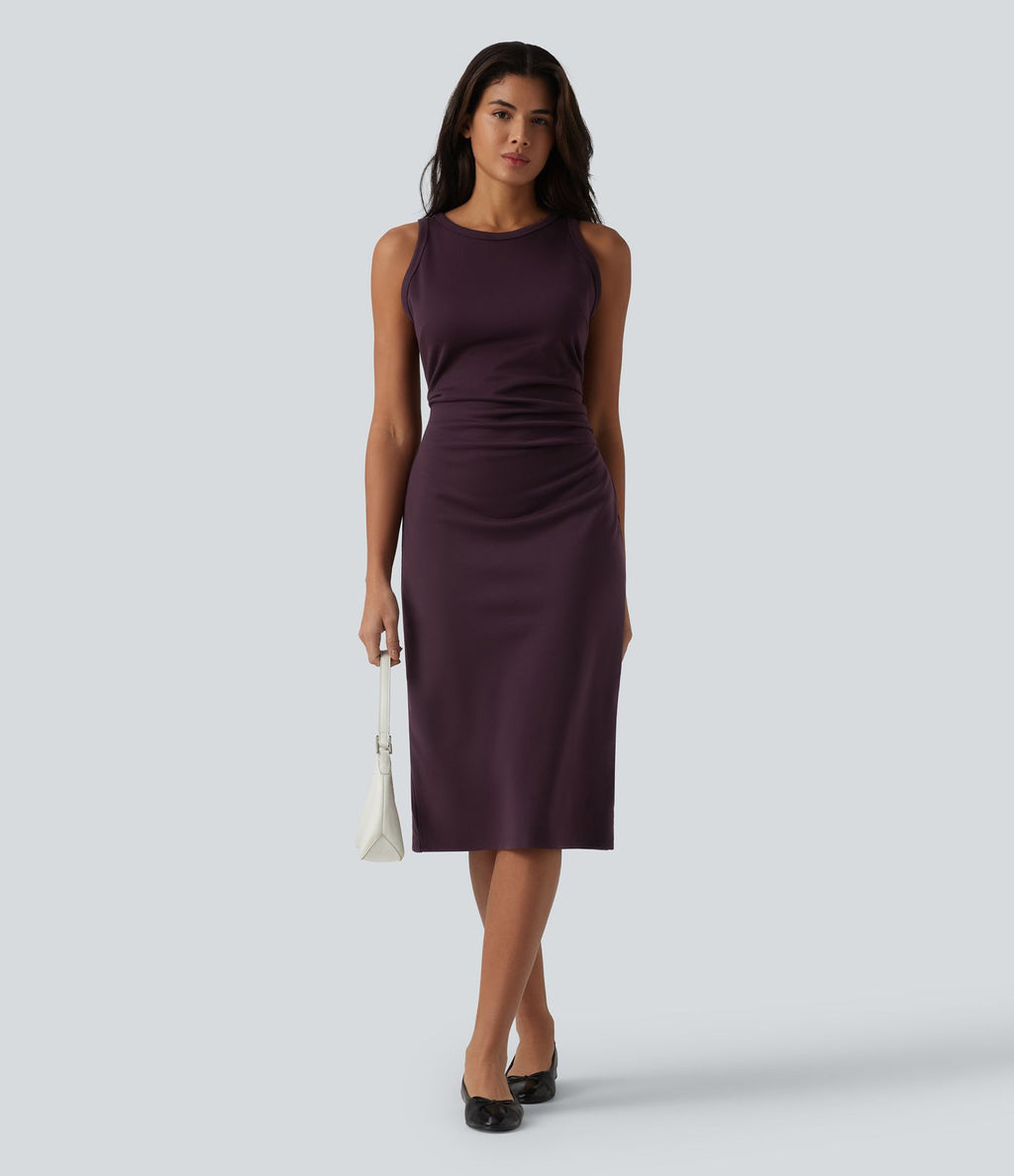 Robe casual mi-longue bodycon froncée col rond sans manches