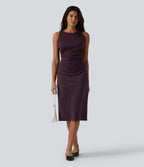 Robe casual mi-longue bodycon froncée col rond sans manches
