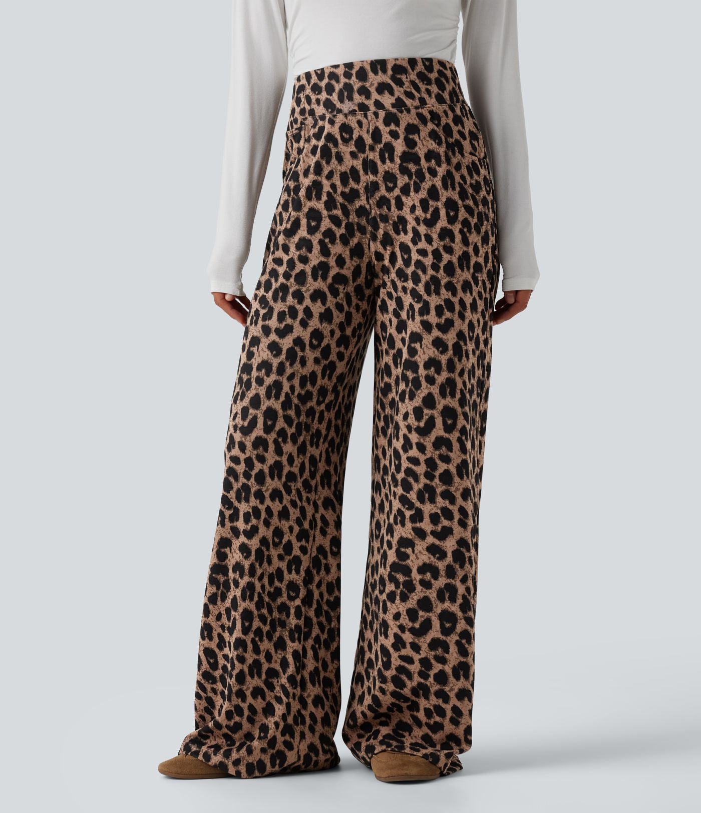 Pantalon large décontracté taille haute gaufré imprimé léopard avec poches