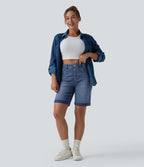 Short en jean Halara Flex™ taille haute gainant délavé à ourlet roulotté décontracté avec poches