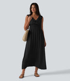 Robe fluide midi vacances col V sans manches dos nu à nouer volants avec poches