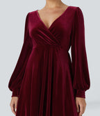 V Neck de Crossover Bishop Long Sleeve High Low Flowy Velvet Midi Casual Dress