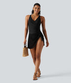 Robe de bain 2-en-1 gainante col V croisé avec fronces, ourlet asymétrique noué, mesh contrasté et brassière intégrée