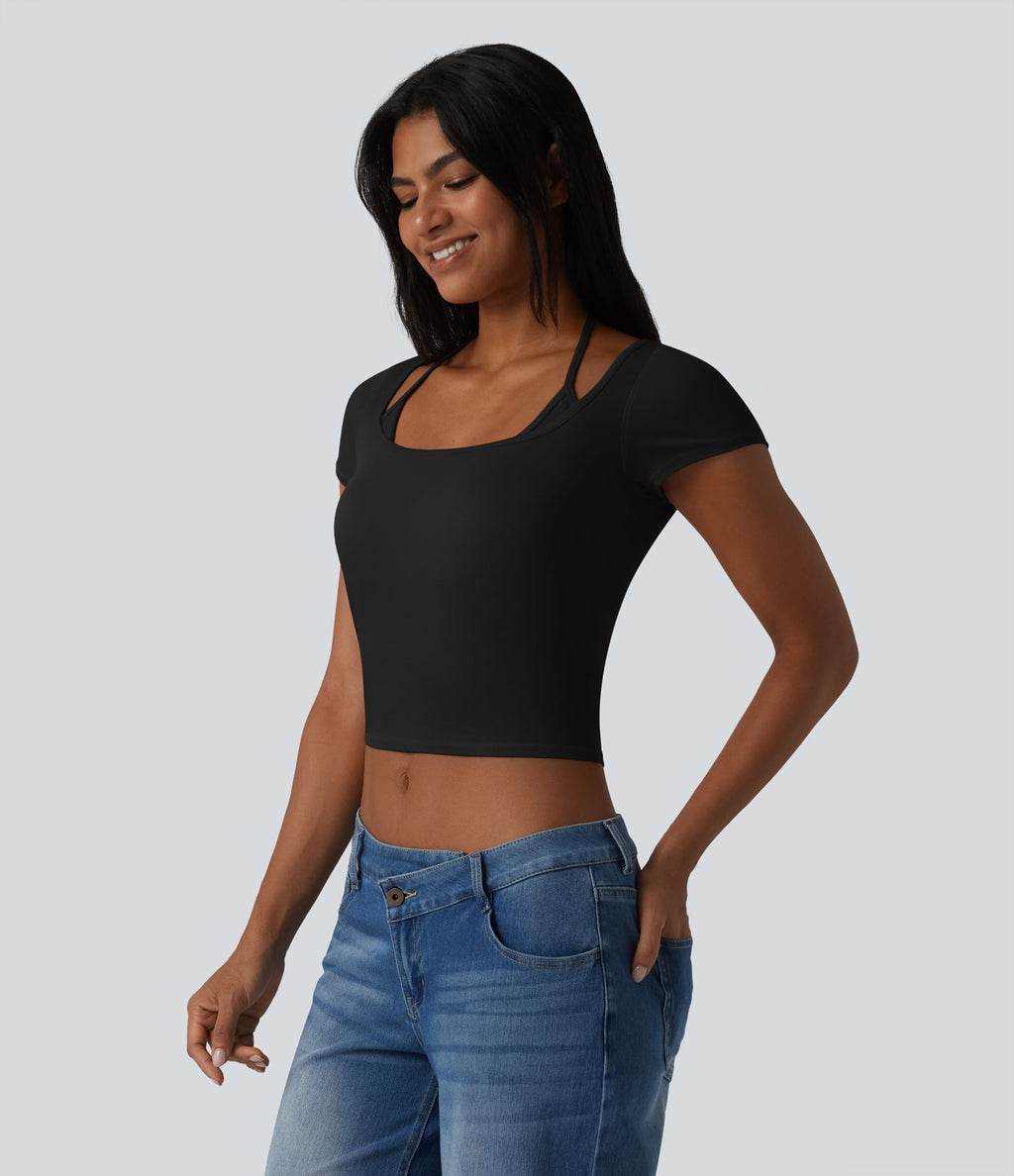 T-shirt crop décontracté côtelé dos nu à nouer avec soutien-gorge intégré manches courtes