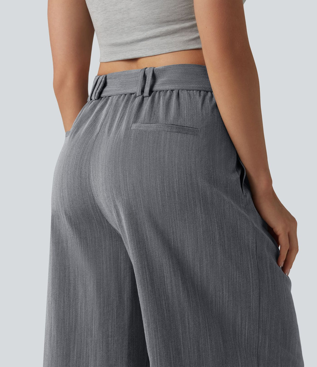 Pantalon large court casual taille haute avec ceinture aspect lin et poches