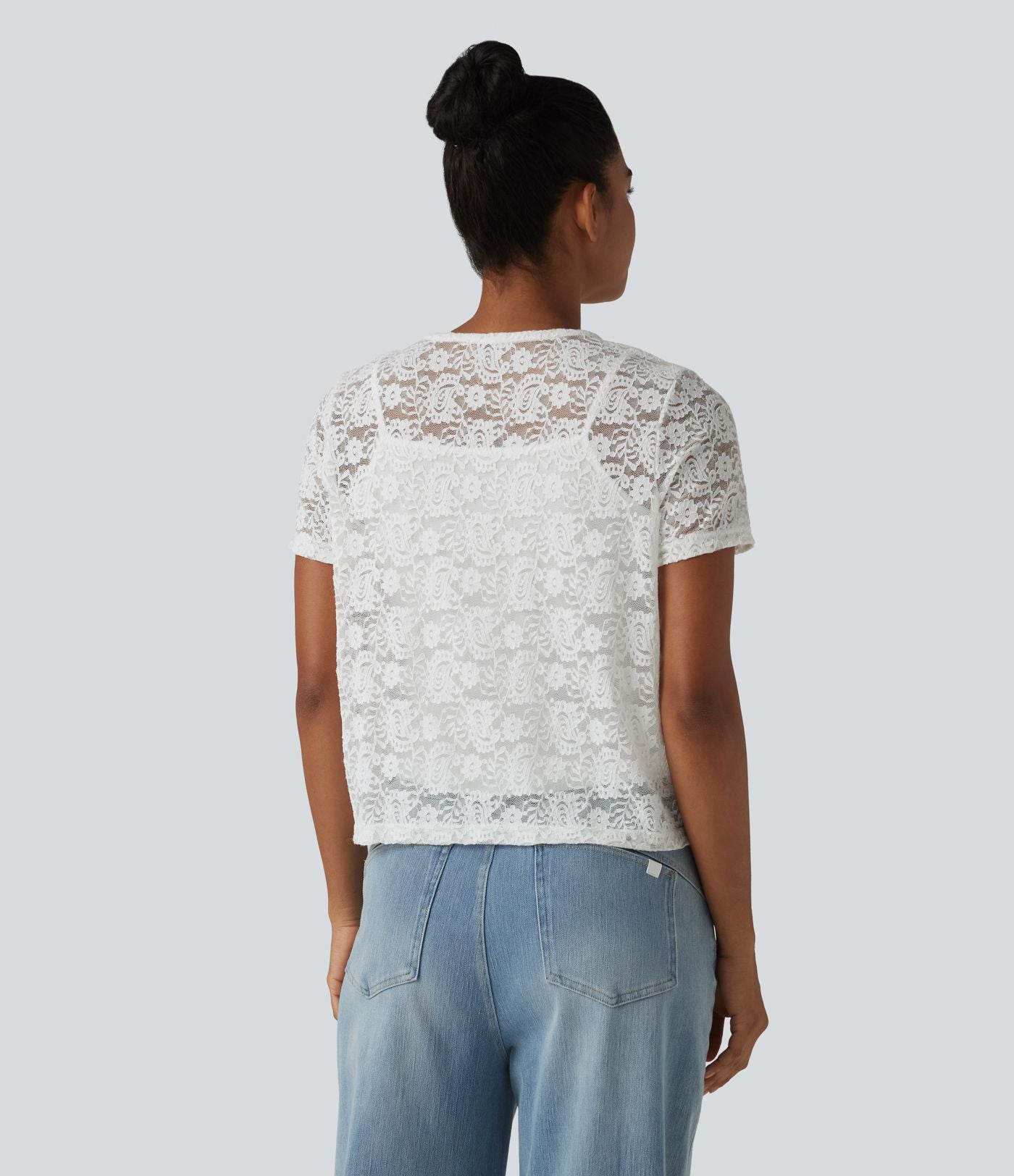 T-shirt casual 2-en-1 en dentelle col rond à manches courtes