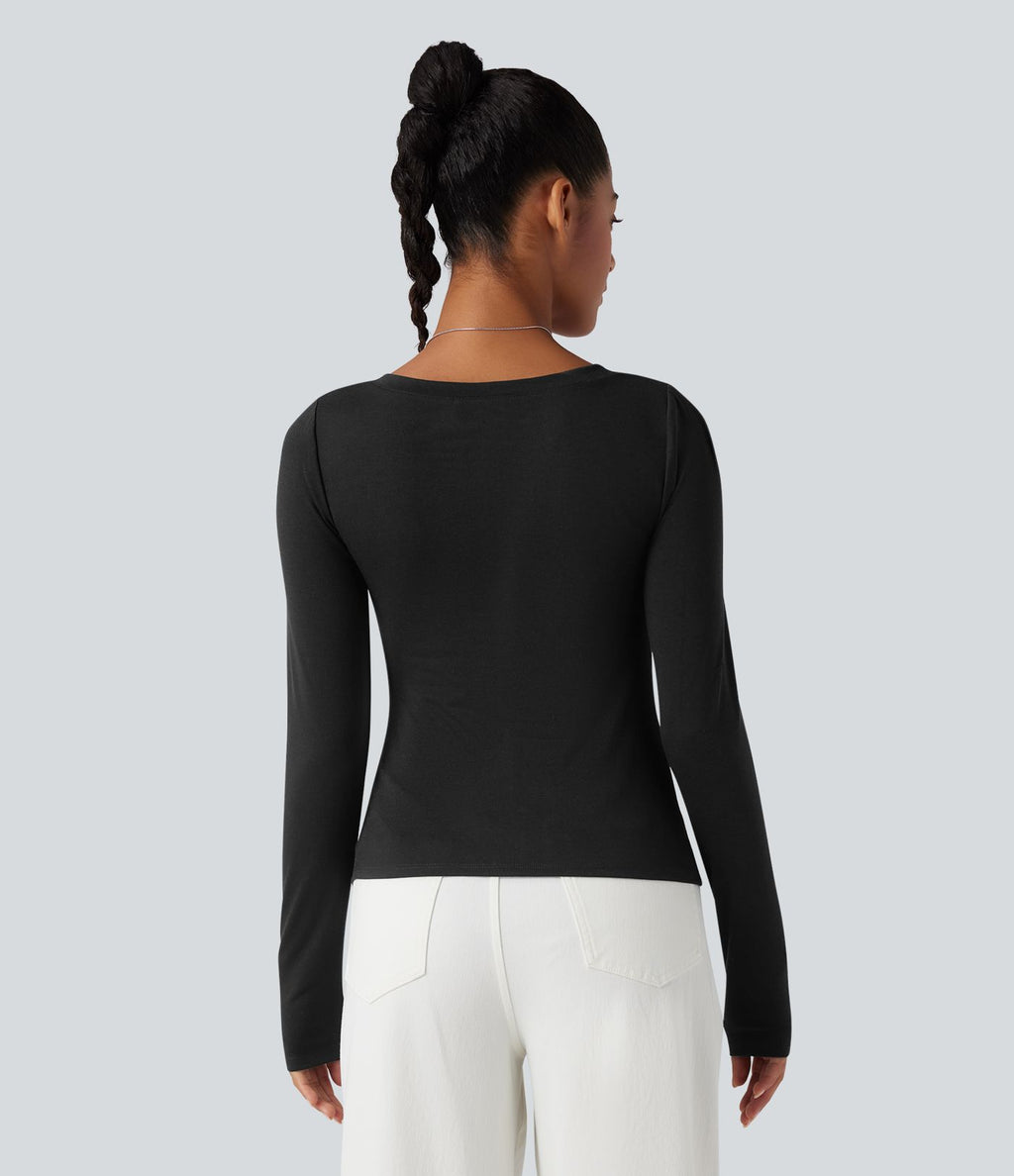 Top casual push-up à col V avec bonnets moulés, manches longues, fronces et ourlet fendu - Bonnet A/B