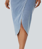 Halara Flex™ Jupe en Jean midi délavé taille haute avec zip dos, effet drapé et ourlet tulipe