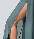 Pantalon Yoga 2 en 1 à Taille Haute avec Cordon de Serrage Maille Contrastée Fendu Poche Latérale et Jambes Amples et Fluides