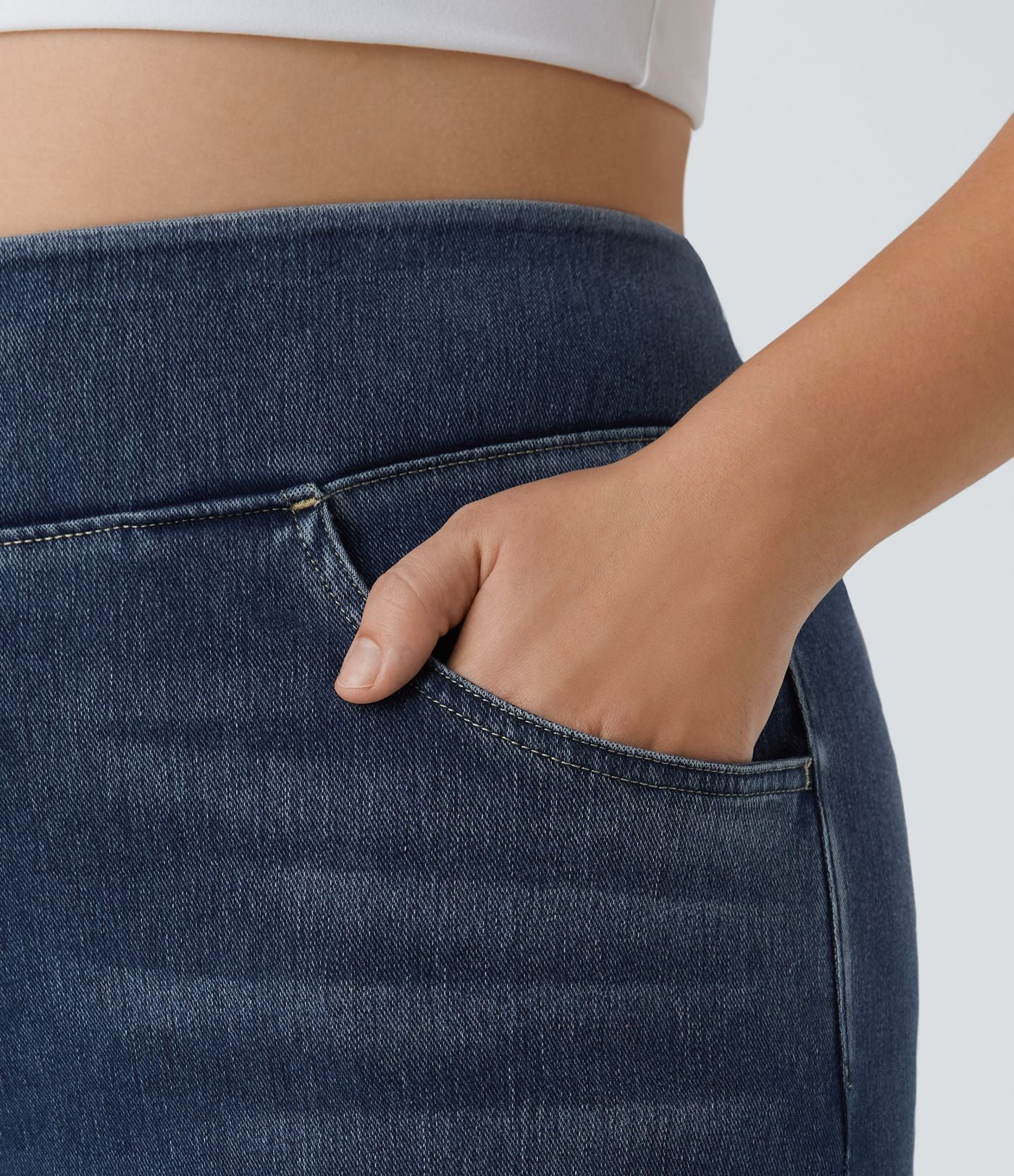 Halara Flex™ Jeans Larges Casual Taille Haute Multiples Poches Lavés Élastiques et Tricotés Grande Taille
