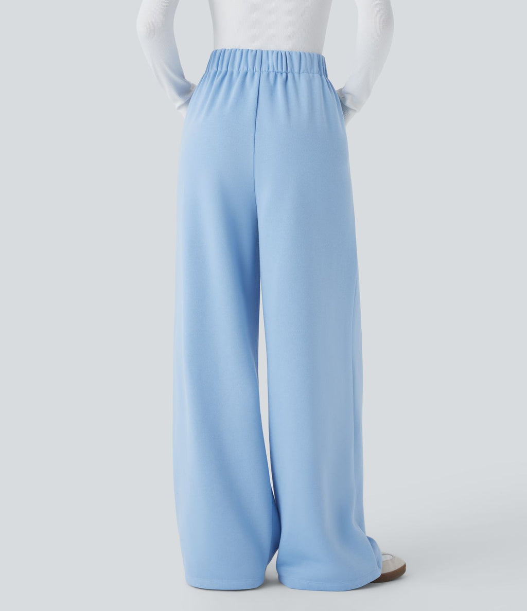 Pantalon Jogging Thermique Taille Haut Jambes Larges Poche Latérale Plissée en Fleece