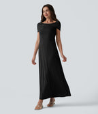 Robe casual maxi froncée à épaules dénudées avec lien noué dans le dos