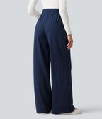 Pantalon tailleur large taille haute à rayures avec boutons décoratifs et poches