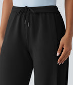 SpacerTek™ Pantalon large fluide décontracté taille haute avec cordon de serrage intérieur, côtes contrastées, fentes et poches