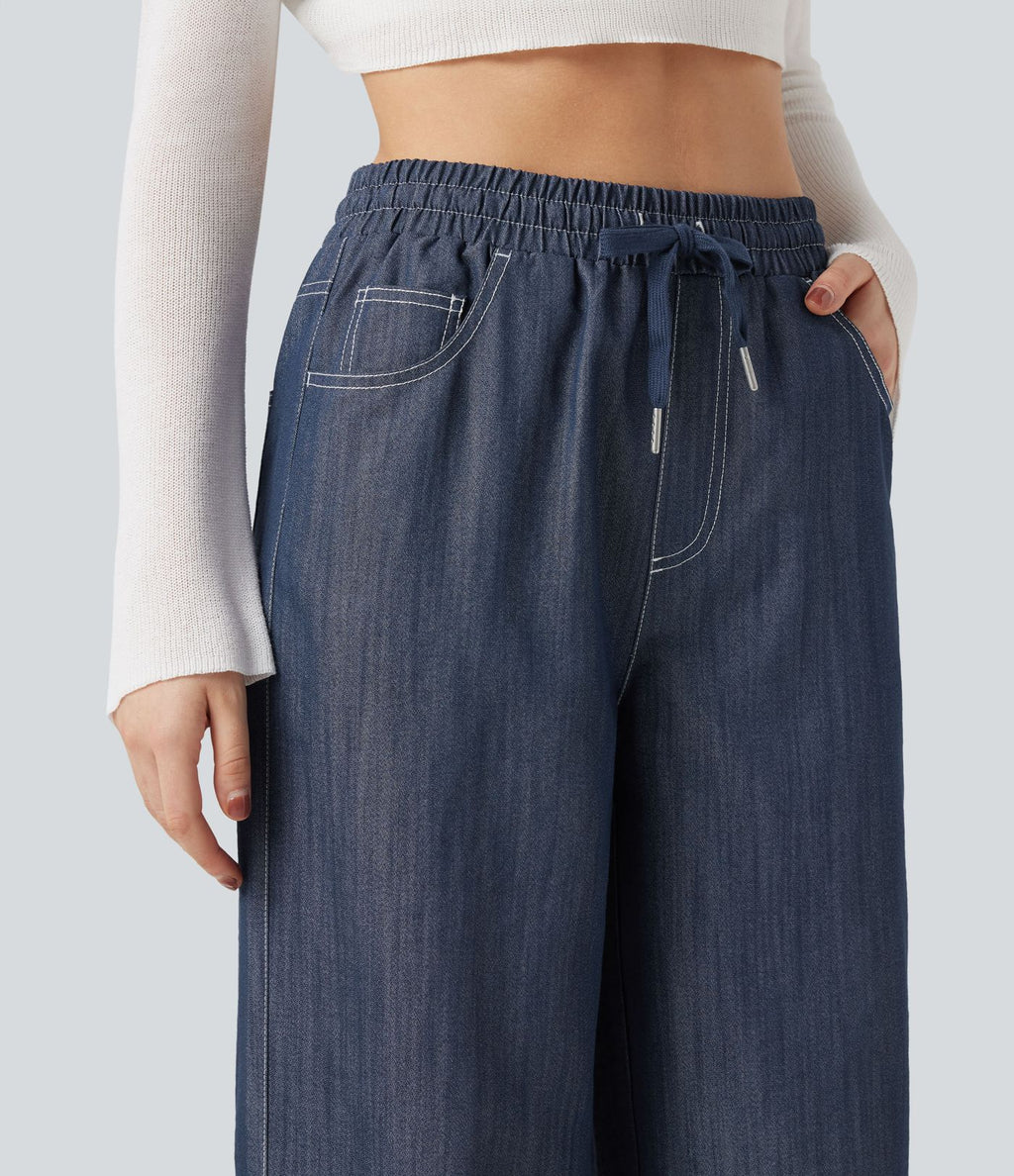 Pantalon décontracté large effet lin taille haute infroissable avec cordon et poches