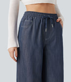 Pantalon décontracté large effet lin taille haute infroissable avec cordon et poches