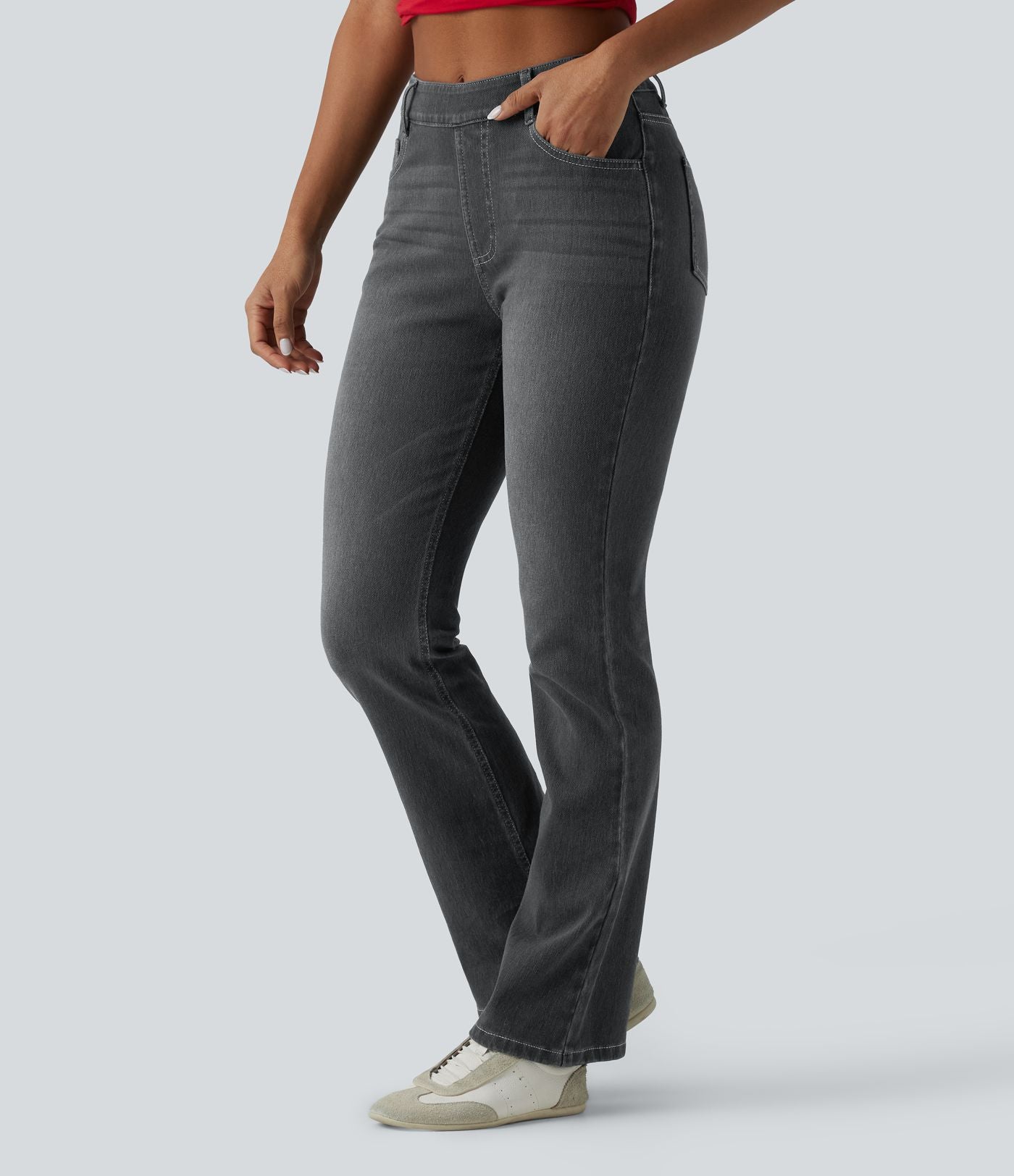 Halara Flex™ Jeans bootcut Casual Taille Haute Multiples Poches Lavés Élastiques et Tricotés Coupe