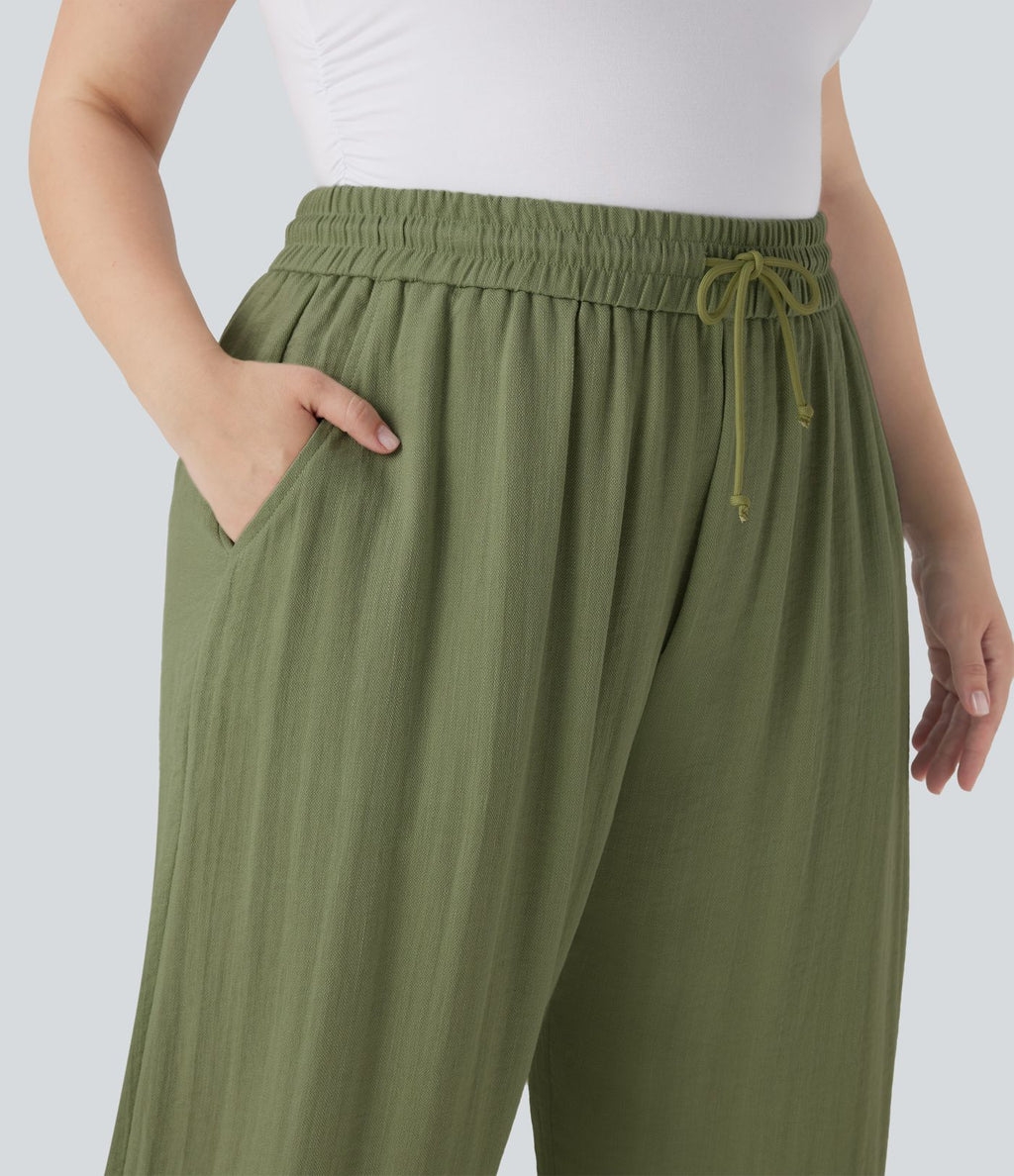 Pantalon décontracté grande taille large fluide taille haute effet lin avec cordon de serrage et poches