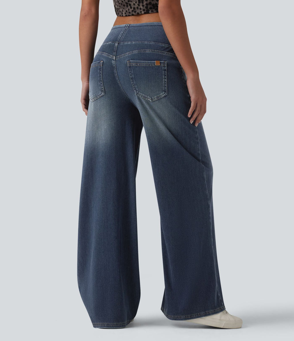 Halara Flex™ Jean large casual baggy taille mi-haute en lyocell drapé effet délavé, avec poches