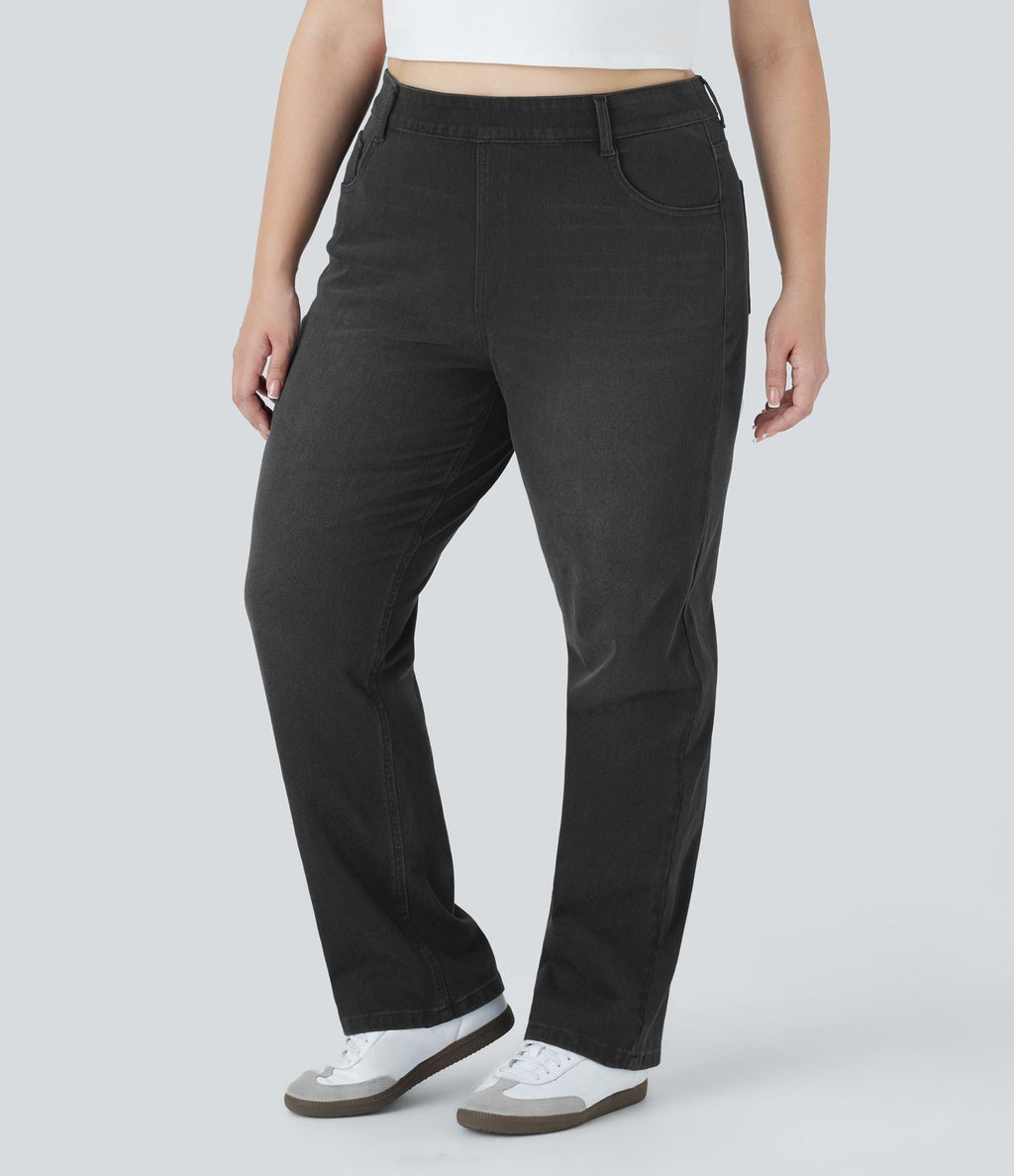 Jean décontracté Halara Flex™ grande taille, taille haute, multiples poches, jambes droites, effet délavé, en maille extensible