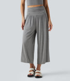 Pantalon casual 7/8 large taille haute à fronces avec poches