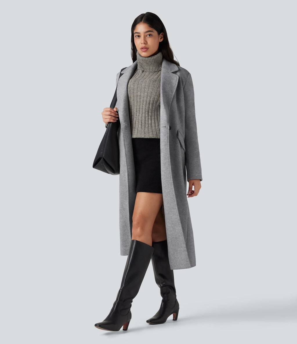 Manteau long polaire col cranté manches longues avec poches