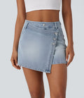 Halara Flex™ Short décontracté en jean extensible effet délavé à taille haute avec poches multiples et détail enveloppant
