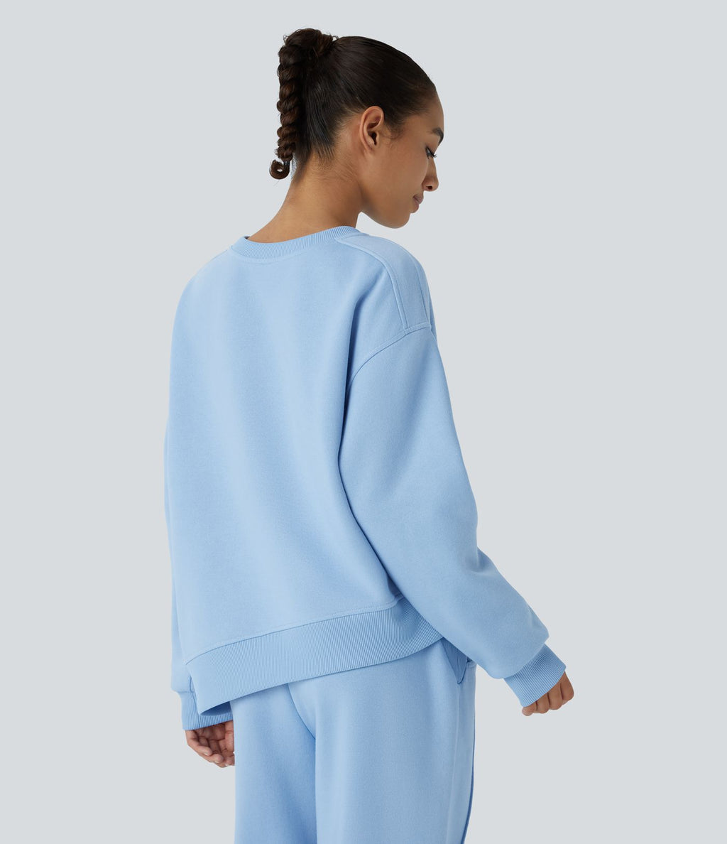 Sweat-shirt décontracté oversize en polaire, col rond, épaules tombantes, manches longues, ourlet fendu, empiècements côtelés contrastés et broderies