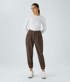 Pantalon décontracté en velours côtelé avec taille mi-haute, boutons et fermeture éclair