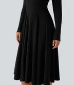 Robe mi-longue évasée maille côtelée à décolleté en V et manches longues