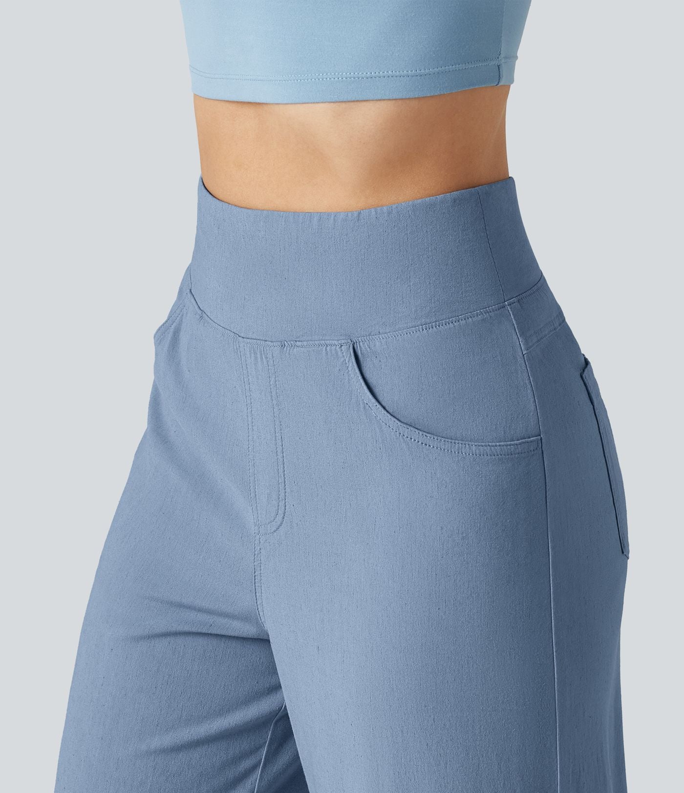 Pantalon large fluide décontracté en lin stretch taille haute gainant avec poches