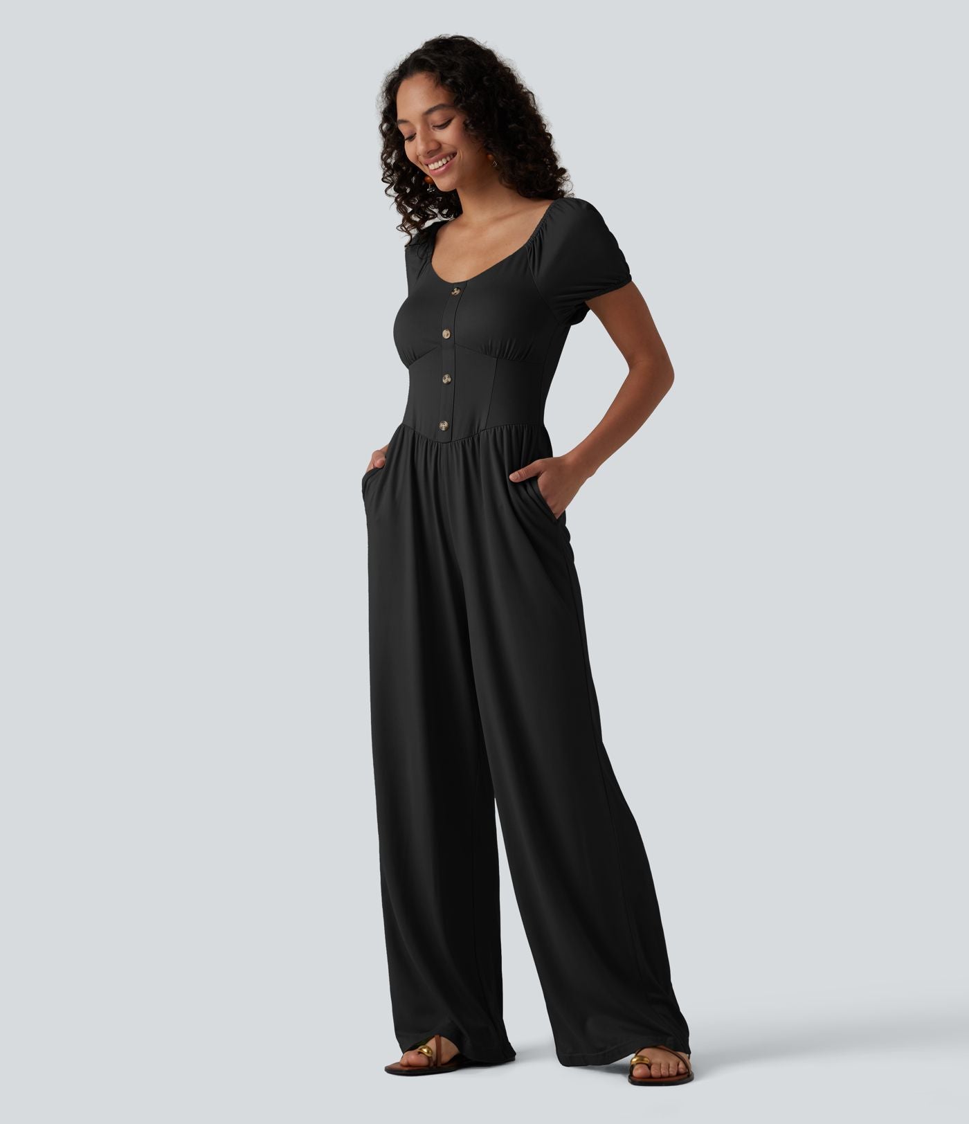 Combinaison-pantalon corset à manches courtes bouffantes et col en V, avec coussinets non amovibles et poches