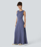Robe Casual Maxi Col Rond Sans Manches Boutonnés