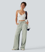 Pantalon ample décontracté taille mi-haute avec cordon de serrage color block rayures léopard contrastant avec poches