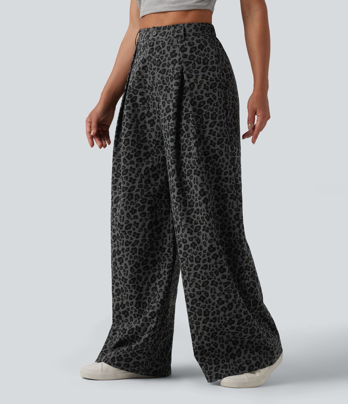 Pantalon large décontracté imprimé léopard taille mi-haute avec poches