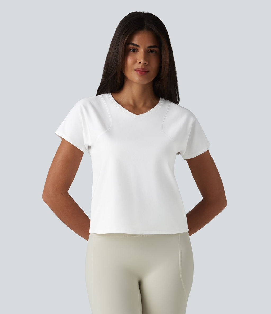 Haut de sport décontracté en coton à manches courtes et col raglan, style yoga, coupe ample, col en V