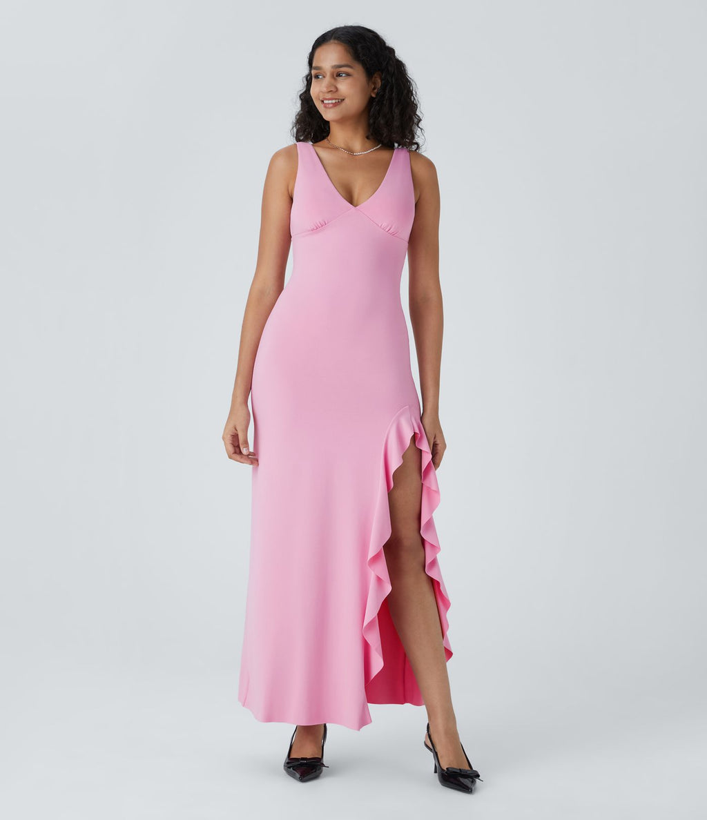 Robe de soirée longue à col V, sans manches, avec volants asymétriques et fente