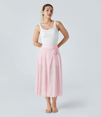Jupe Casual Évasée Mesh Mi-Longue Fuide 2 en 1 Contrastée Taille Haute Cordon Poche Latérale