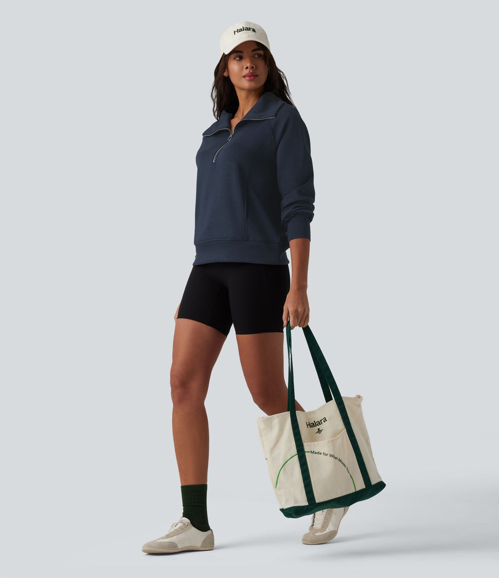 Sweat-shirt décontracté col revers demi-zip manches longues avec trous pour pouces et poches