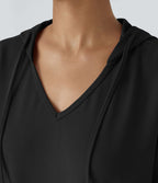 Robe Sweatshirt Casual à Capuche avec Cordon Poches Latérales Ourlet Courbé Asymétrique Oversize Mini en Tissu Gaufré