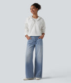 Halara Flex™ Jean large asymétrique taille basse avec bouton, fermeture éclair et poches multiples, délavé et extensible en maille