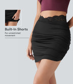 Jupe mini moulante 2-en-1 taille haute en dentelle contrastée, ourlet arrondi et froncé