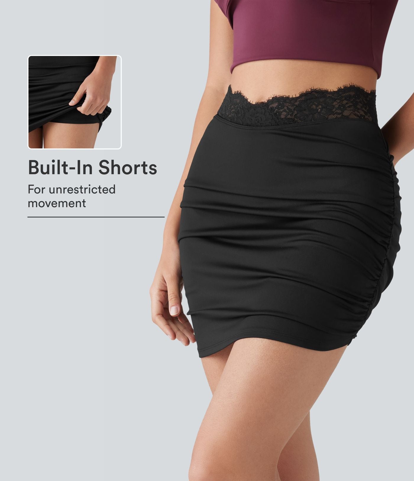 Jupe mini moulante 2-en-1 taille haute en dentelle contrastée, ourlet arrondi et froncé