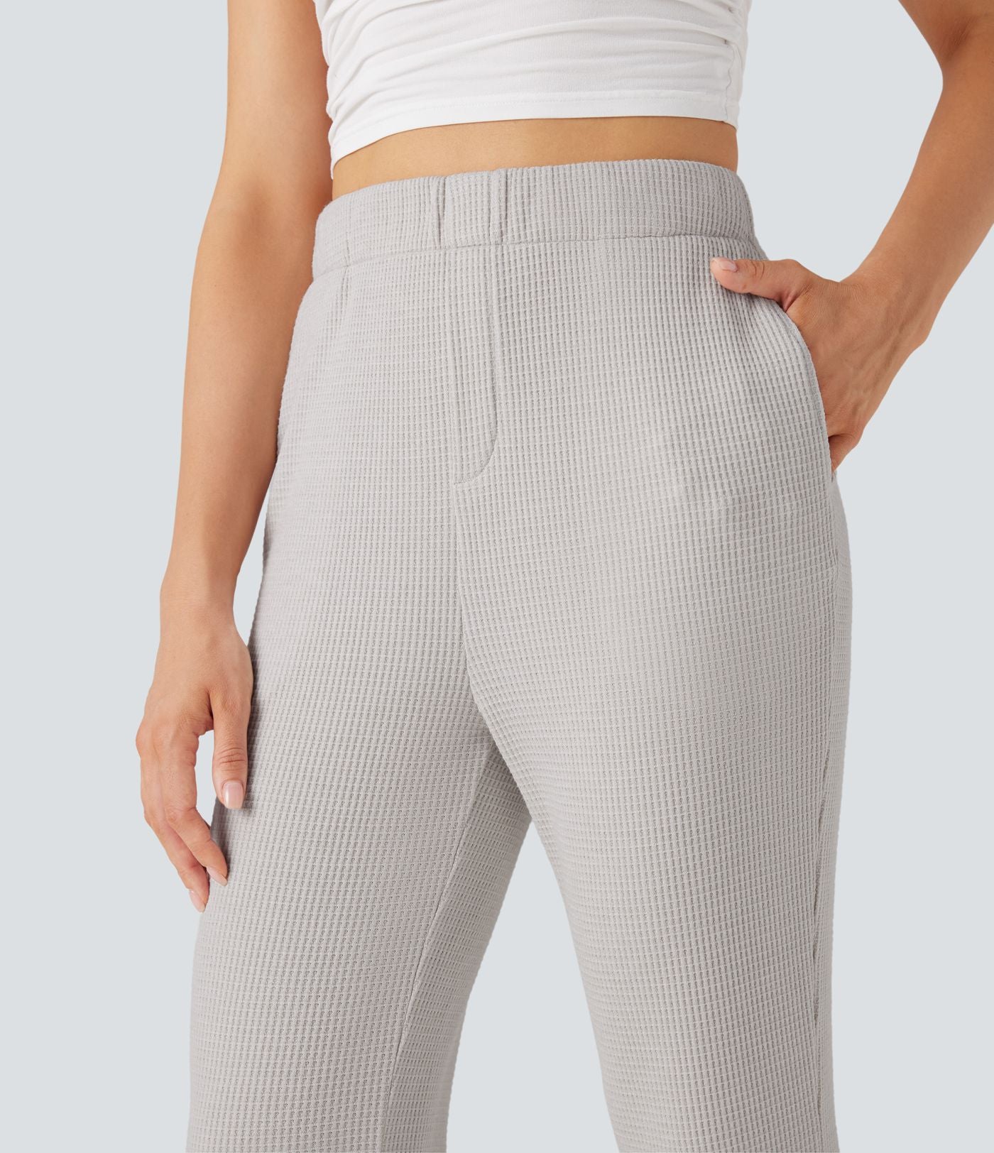 Pantalon décontracté évasé maille gaufrée taille haute avec poches