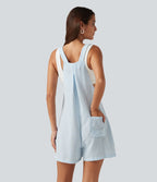 Salopette-short casual effet lin à carreaux avec poches