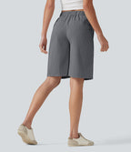 Short tailleur bermuda aspect lin taille mi-haute asymétrique 25 cm avec poches